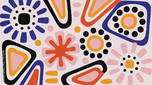 Abstract floral composition with geometric shapes and a variety of colors in a playful arrangement