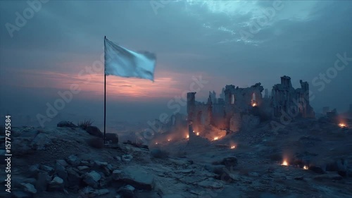 White Flag with Ruins, Sunset, and War.