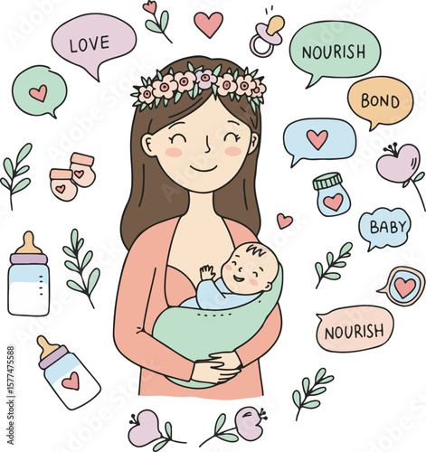 Cartoon Mother and Baby Sweet Bond for Breastfeeding Week. 