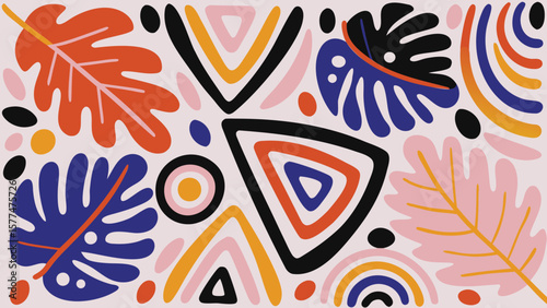 Colorful abstract botanical pattern with leaves triangles and circles design artful style of shapes