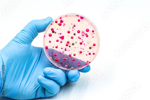 Microbiological culture with colonies of bacteria, fungi and yeasts. Space fro text