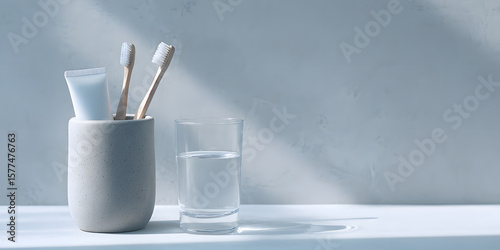 Toothbrushes stand in a holder beside a glass of water and toothpaste in a minimalist bathroom setting