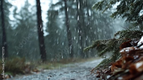 Rainy Forest Path with Autumn Downpour.