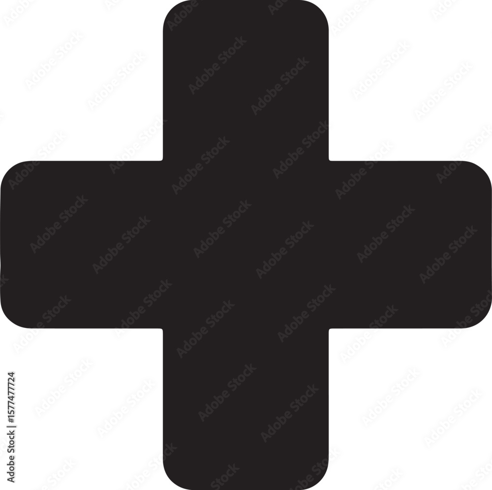 Obraz premium Bold black medical cross symbol on white background for healthcare and emergency assistance