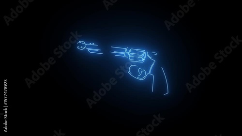 Police or military handgun. Glowing neon line Pistol or gun icon isolated on black background. Glowing neon line Revolver gun icon.	

