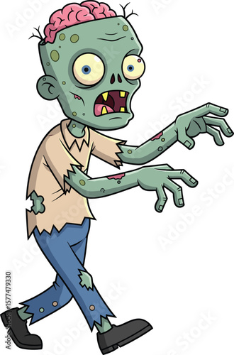 Cartoon zombie boy with exposed brain walking forward, scary Halloween undead character in ripped clothes for spooky decorations or stories