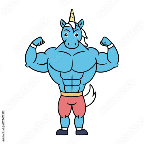 A fierce unicorn with a chiseled, muscular body flexes confidently, blending magical charm with raw strength—rainbow mane flowing over bulging biceps and abs of steel.
