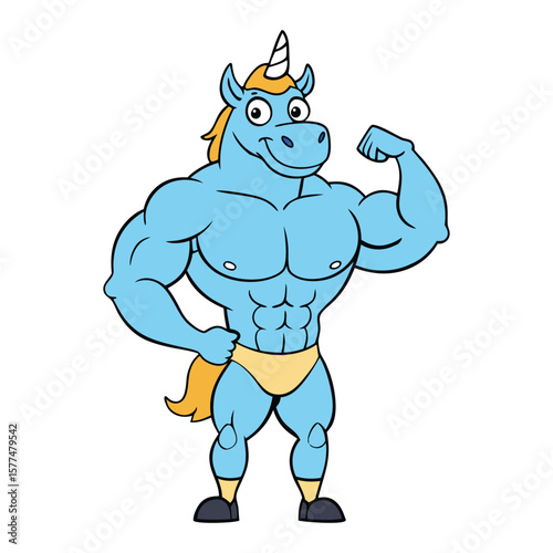 A fierce unicorn with a chiseled, muscular body flexes confidently, blending magical charm with raw strength—rainbow mane flowing over bulging biceps and abs of steel.
