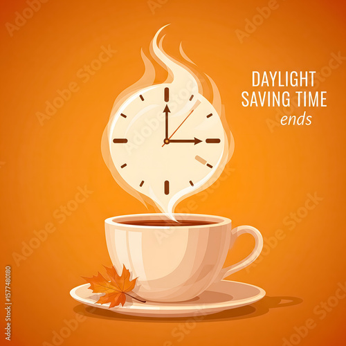 Hot steaming coffee cup with a clock face in the steam and a fall leaf signifies the end of daylight saving time