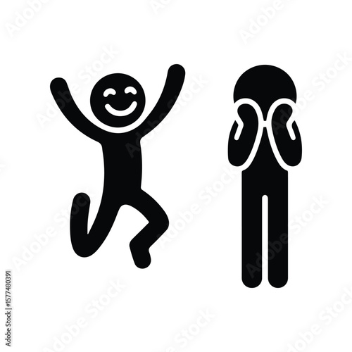 emotional contrast: happy jumping person and sad standing figure. Concept of joy and sadness, mood swings, mental health.	
