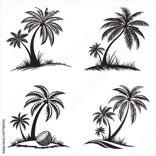 Tropical Palm Tree Silhouette Collection Exotic Island Getaway Vector Art Black and White Paradise Illustration Tropical Design Elements