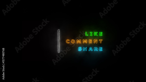 Neon glowing sign like, share, & subscribe on black background.