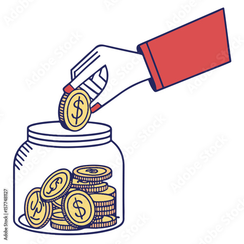 Vector art of a hand inserting a coin into a slot, representing smart investment, money management, and finance education.