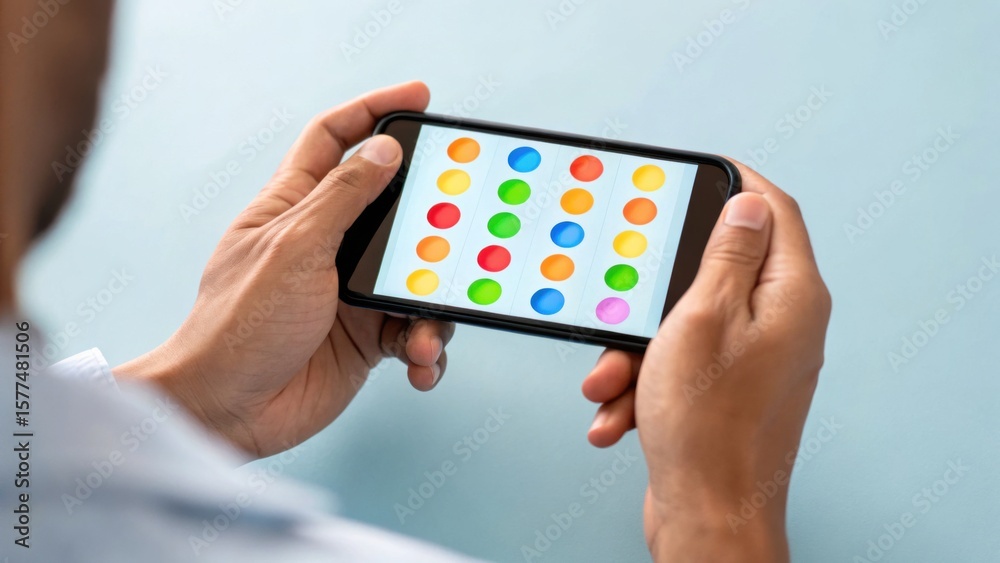 A person holds a smartphone displaying a colorful matching puzzle game with rows of colored dots. A person holds a smartphone displaying a colorful matching puzzle game with rows of colored dots.