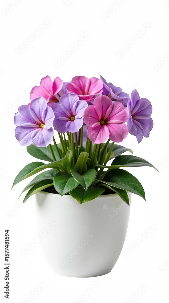 Obraz premium Vibrant flowers shades of pink and purple bloom white pot, showcasing their beauty and freshness. This arrangement adds cheerful touch to any