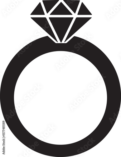 Simple black and white illustration of a diamond engagement ring for romantic themes