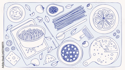 Overhead view of a sketch of italian food ingredients and dishes on a light blue background design