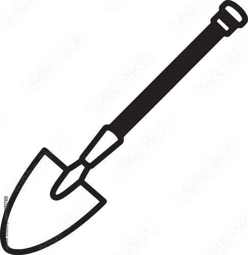 Simple black and white illustration of a garden shovel for use in landscaping and gardening design