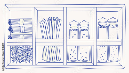 Blue outline of a spice rack with noodles, sticks, star anise, and spice shakers organized inside it