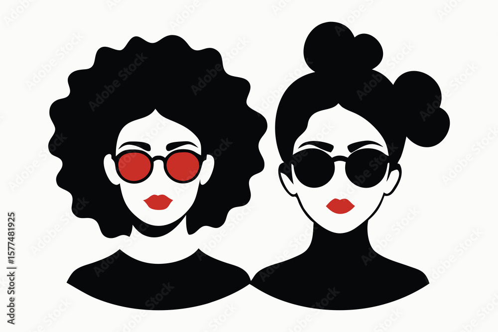 Fototapeta premium Stylish Women's Fashion Illustration Afro and Bun Hairstyles with Sunglasses