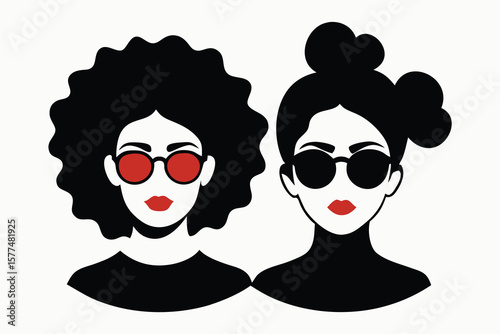 Stylish Women's Fashion Illustration Afro and Bun Hairstyles with Sunglasses