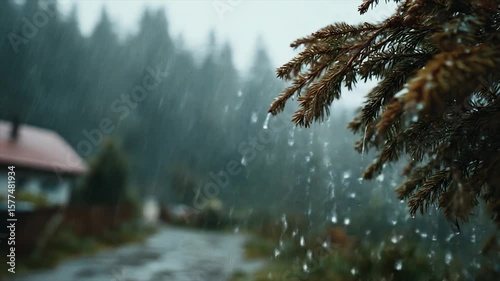 Rainy mountain village scene.