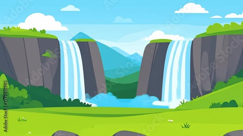 Cartoon Waterfall Scene with Lush Greenery and Blue Sky Landscape