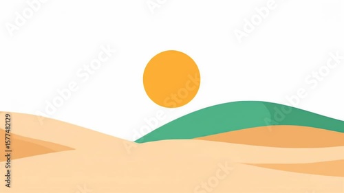 Minimalist Desert Landscape Animation with Green Hill and Bright Sun