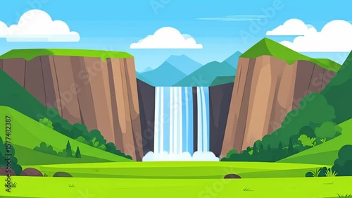 Animated Waterfall Scene in a Lush Mountain Valley