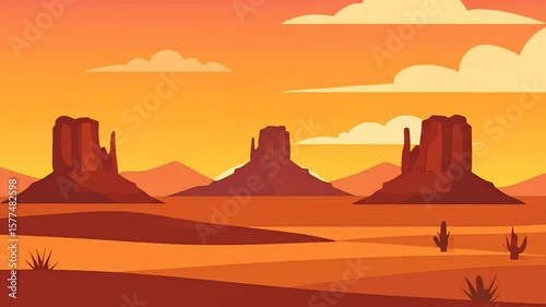 Monument Valley Sunset Animated Landscape with Cacti and Clouds