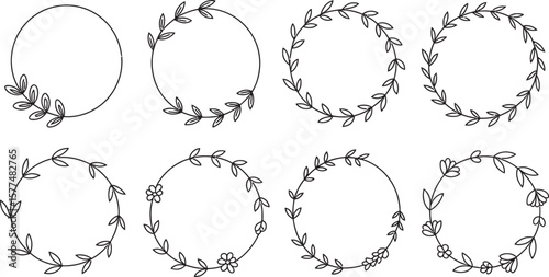 Floral Wreath Frame Vector Set – Hand Drawn Circle Laurels with Leaves and Flowers for Decorative Design