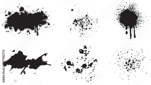 Collection of black ink splatters and drips on a white background