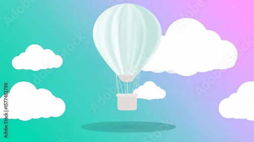 Pastel Sky with Hot Air Balloon and Fluffy Clouds Floating Upwards