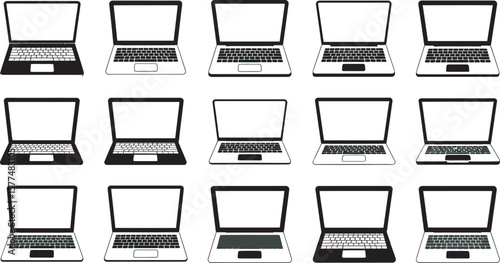Laptop Computer Icon Set – Vector Silhouettes of Open Notebooks with Keyboards in Black and White