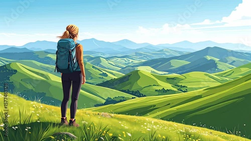 Hiker with Backpack Overlooking Rolling Green Hills and Distant Mountains on Sunny Day