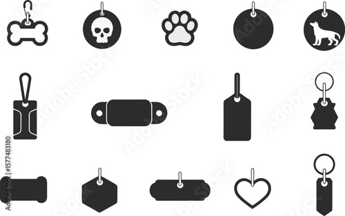 Pet tag silhouette set, dog and cat collar accessories, bone and heart shaped ID tags, animal paw print icons, isolated vector clipart collection