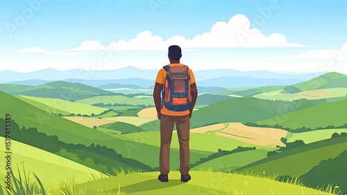 Hiker Contemplating Scenic Rolling Hills and Mountains Under a Blue Sky