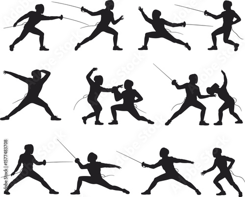 Fencing silhouette vector set, duel sport action poses, foil and epee fighters in motion, sword fighting athletes, isolated on white background