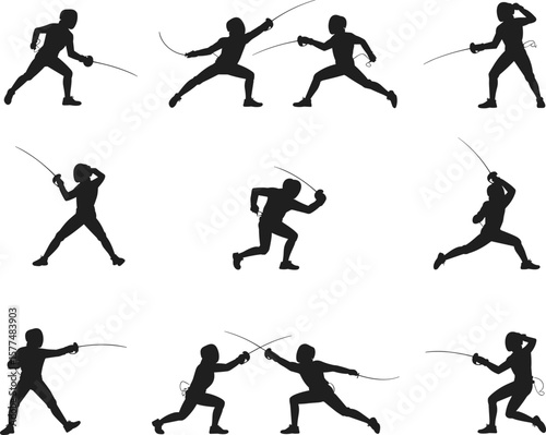 Fencing silhouette vector set, sword fighting athletes collection, duel sport action poses, foil and saber fighters, isolated black graphic on white