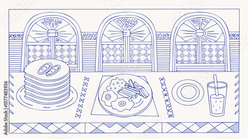 Illustration of a breakfast table setting with pancakes eggs and juice in a dining room scene