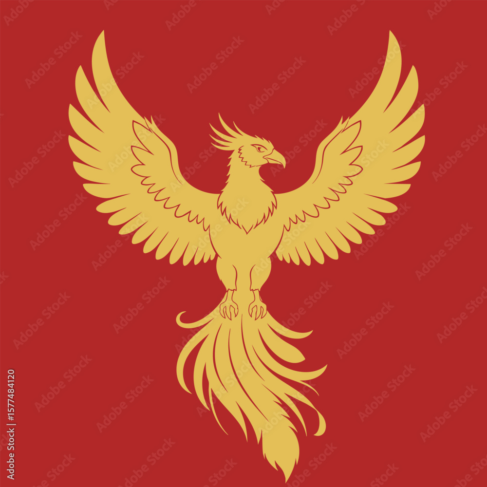 Obraz premium Golden Phoenix Bird With Spread Wings On Red Background