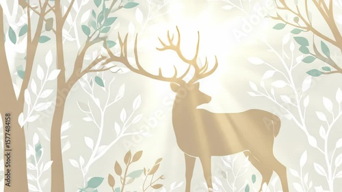 Stylized Deer Silhouette in Forest with Sunlight Rays and Decorative Foliage