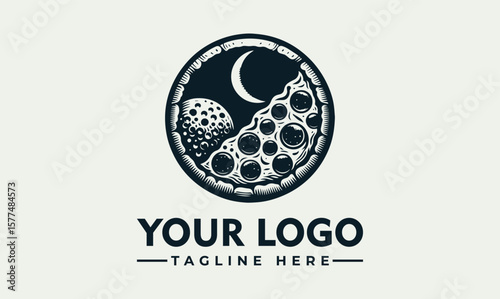 Celestial landscape logo design featuring a moon, planets, and cratered surface within a circular frame.