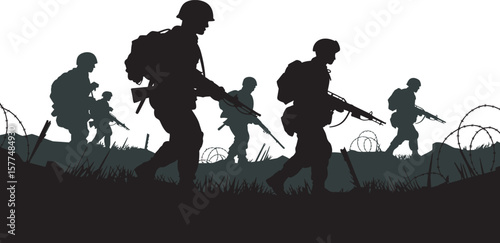 Soldiers Silhouette Vector Illustration – Military Troops in Combat Operation Scene with Rifles and Gear