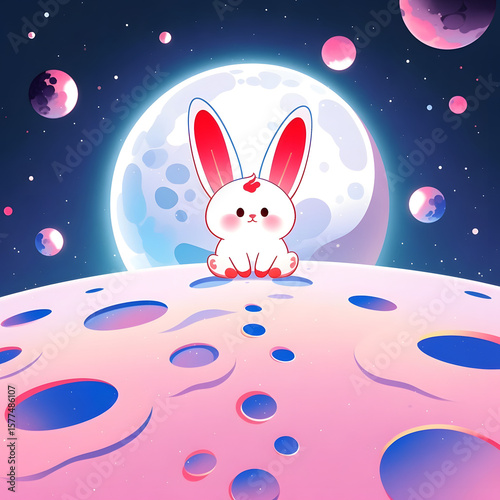 A rabbit on a moon - like surface with a cosmic background