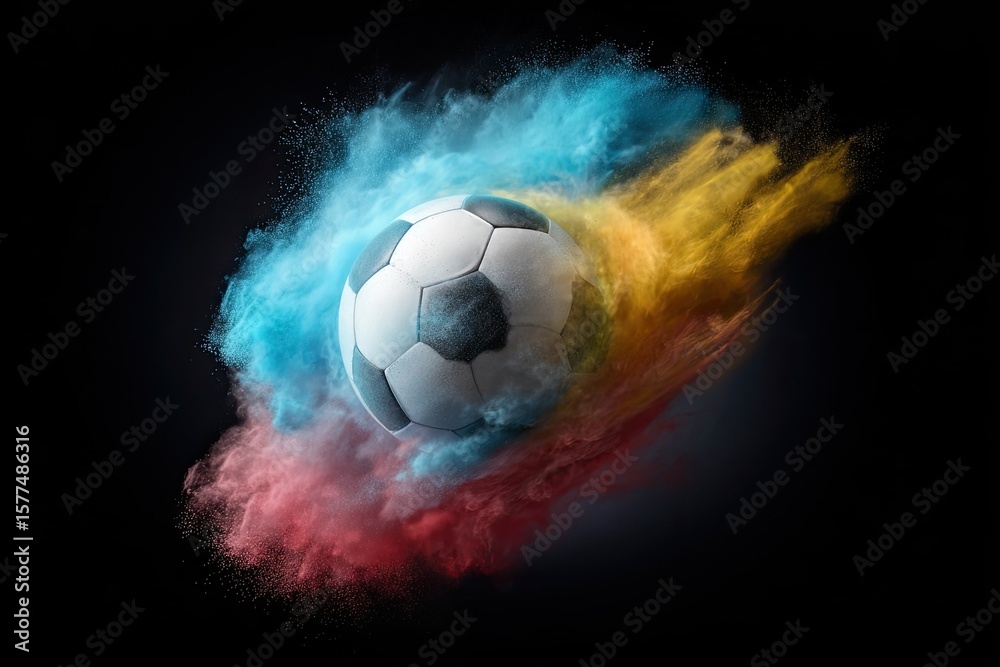 Naklejka premium Floating soccer ball surrounded by swirling colored powders frozen in motion harsh rim lighting with high-contrast shadow detail