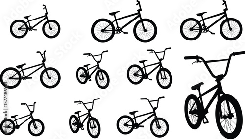 BMX stunt bicycle silhouette set, black bike icon collection, freestyle cycling vector illustration, extreme sports bikes, isolated clipart on white background