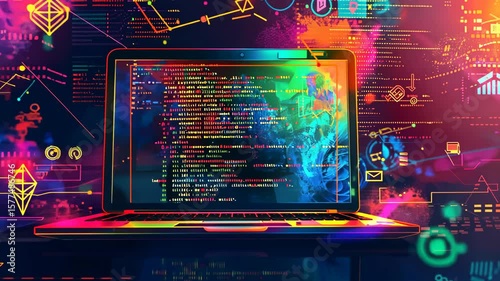 Wallpaper Mural Abstract representation of a software development concept, featuring colorful programming code on a laptop screen Torontodigital.ca