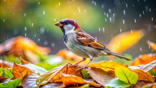 A tiny bird perches amidst autumn leaves during a gentle rain shower, its vibrant plumage contrasting beautifully with the damp foliage.