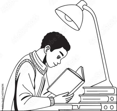 Illustration of a young student doing homework at night, representing concentration, knowledge, and discipline.